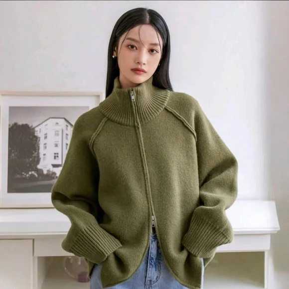 Zippered Mock Neck Cardigan ▪︎ Army Green ▪︎ LG - Picture 3 of 16